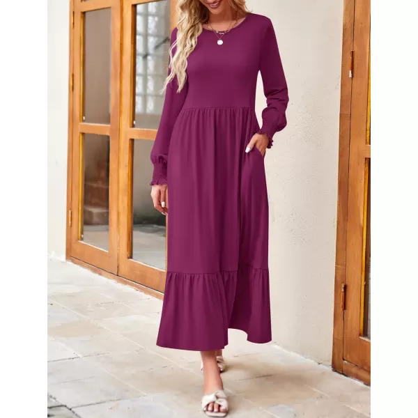 imageZESICA Womens 2023 Fall Long Sleeve Dress Crewneck Casual Loose Pleated Tiered Swing Midi Dresses with PocketsPlum
