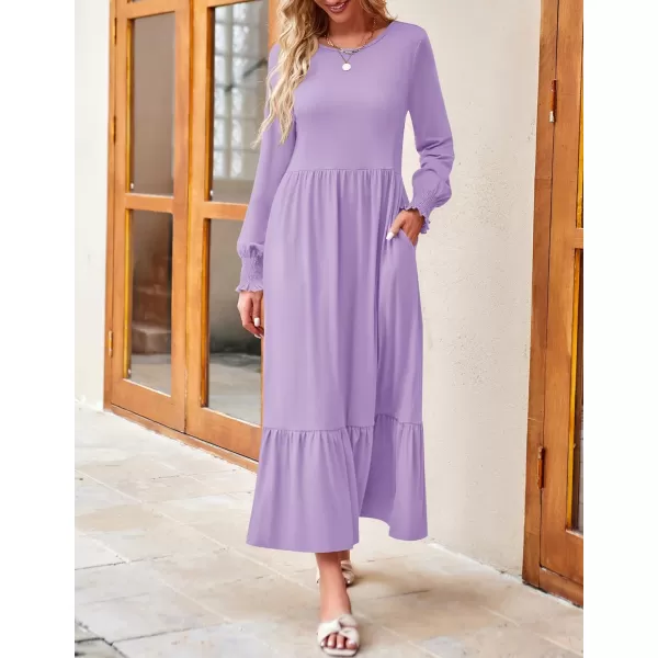 imageZESICA Womens 2023 Fall Long Sleeve Dress Crewneck Casual Loose Pleated Tiered Swing Midi Dresses with PocketsPurple