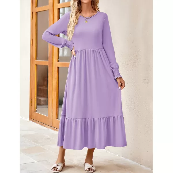 imageZESICA Womens 2023 Fall Long Sleeve Dress Crewneck Casual Loose Pleated Tiered Swing Midi Dresses with PocketsPurple