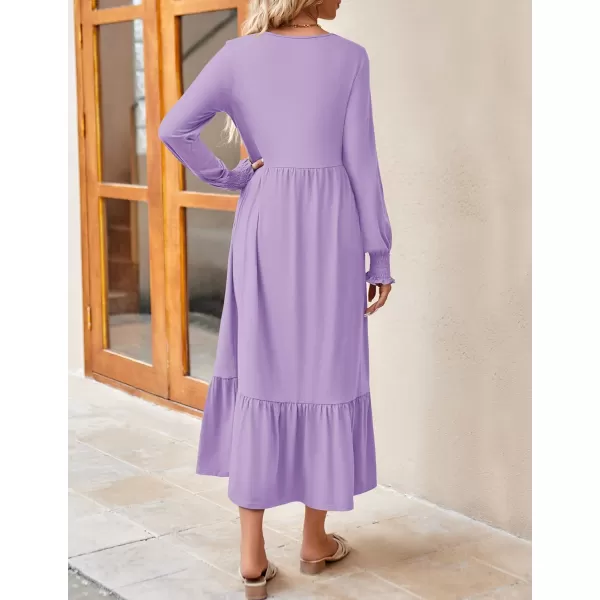 imageZESICA Womens 2023 Fall Long Sleeve Dress Crewneck Casual Loose Pleated Tiered Swing Midi Dresses with PocketsPurple