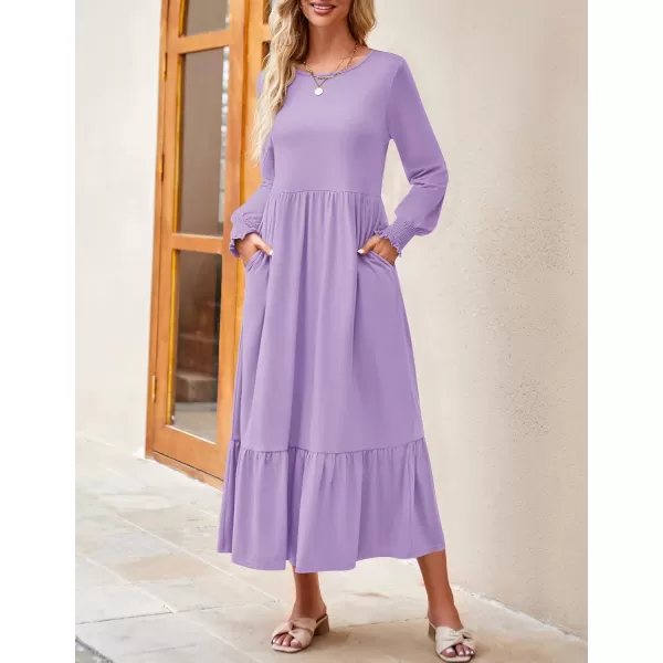 imageZESICA Womens 2023 Fall Long Sleeve Dress Crewneck Casual Loose Pleated Tiered Swing Midi Dresses with PocketsPurple
