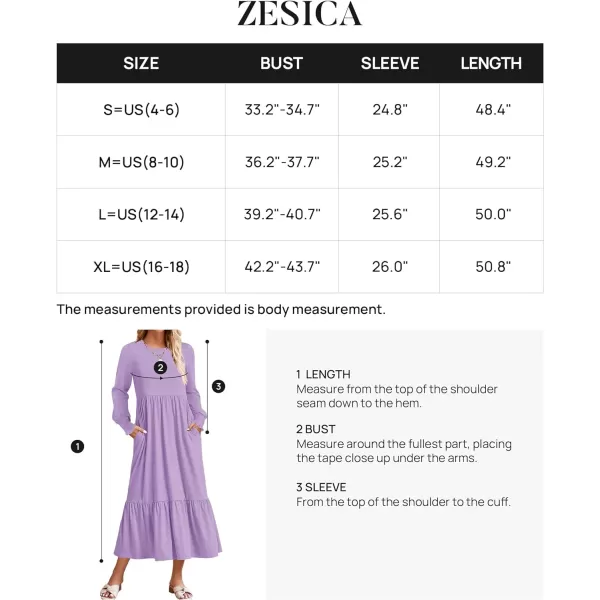 imageZESICA Womens 2023 Fall Long Sleeve Dress Crewneck Casual Loose Pleated Tiered Swing Midi Dresses with PocketsPurple