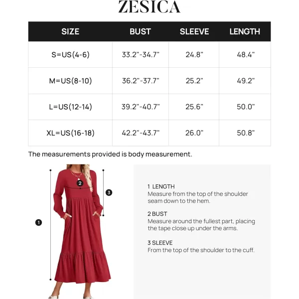 imageZESICA Womens 2023 Fall Long Sleeve Dress Crewneck Casual Loose Pleated Tiered Swing Midi Dresses with PocketsRed