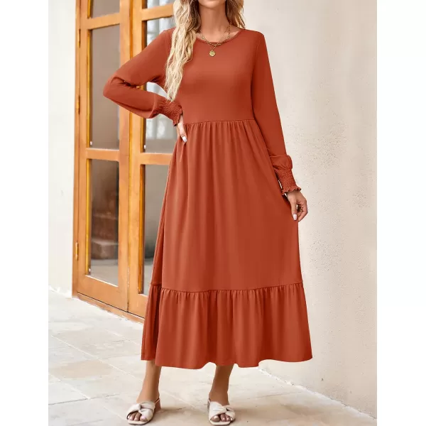 imageZESICA Womens 2023 Fall Long Sleeve Dress Crewneck Casual Loose Pleated Tiered Swing Midi Dresses with PocketsRust