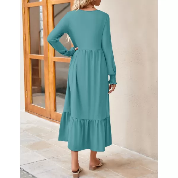 imageZESICA Womens 2023 Fall Long Sleeve Dress Crewneck Casual Loose Pleated Tiered Swing Midi Dresses with PocketsSage