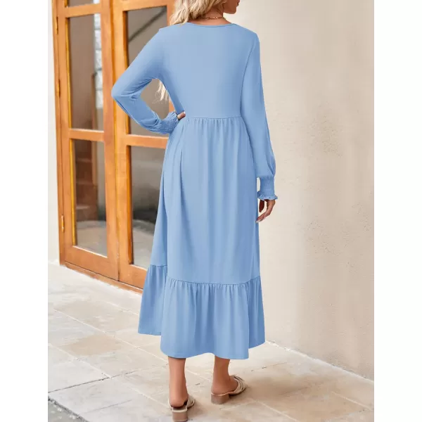 imageZESICA Womens 2023 Fall Long Sleeve Dress Crewneck Casual Loose Pleated Tiered Swing Midi Dresses with PocketsSky
