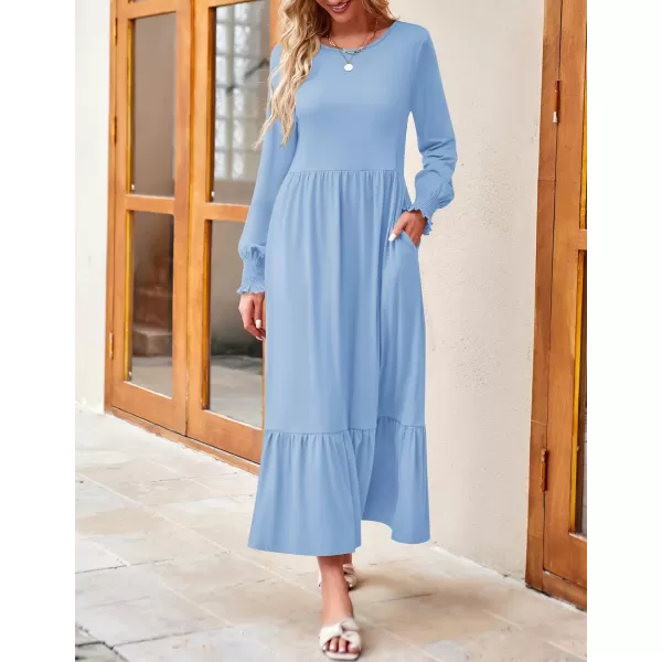 imageZESICA Womens 2023 Fall Long Sleeve Dress Crewneck Casual Loose Pleated Tiered Swing Midi Dresses with PocketsSky