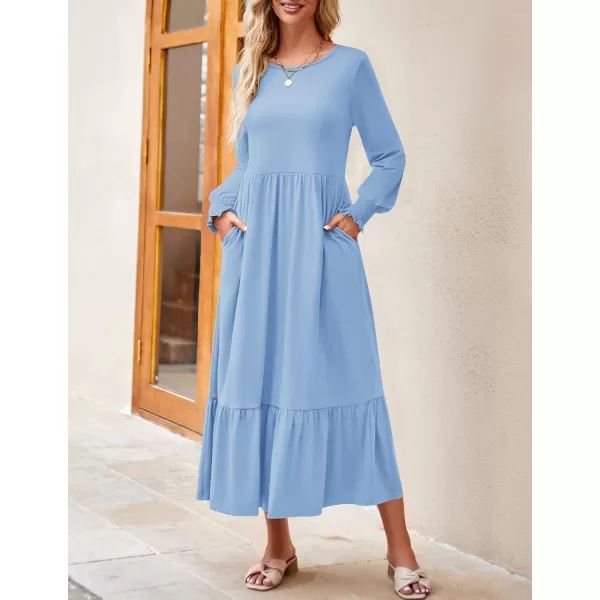 imageZESICA Womens 2023 Fall Long Sleeve Dress Crewneck Casual Loose Pleated Tiered Swing Midi Dresses with PocketsSky