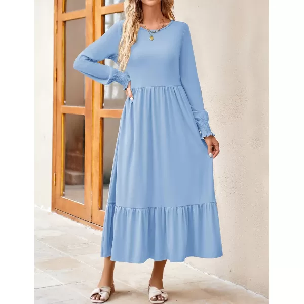 imageZESICA Womens 2023 Fall Long Sleeve Dress Crewneck Casual Loose Pleated Tiered Swing Midi Dresses with PocketsSky