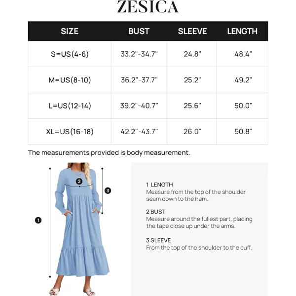 imageZESICA Womens 2023 Fall Long Sleeve Dress Crewneck Casual Loose Pleated Tiered Swing Midi Dresses with PocketsSky