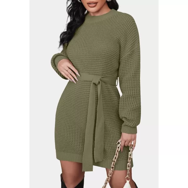 imageZESICA Womens 2023 Fall Long Sleeve Solid Color Waffle Knitted Tie Wasit Tunic Pullover Sweater DressArmy Green