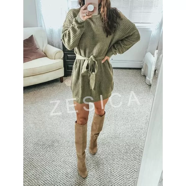 imageZESICA Womens 2023 Fall Long Sleeve Solid Color Waffle Knitted Tie Wasit Tunic Pullover Sweater DressArmy Green