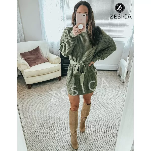 imageZESICA Womens 2023 Fall Long Sleeve Solid Color Waffle Knitted Tie Wasit Tunic Pullover Sweater DressArmy Green
