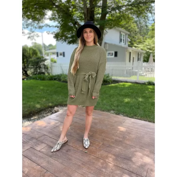imageZESICA Womens 2023 Fall Long Sleeve Solid Color Waffle Knitted Tie Wasit Tunic Pullover Sweater DressArmy Green