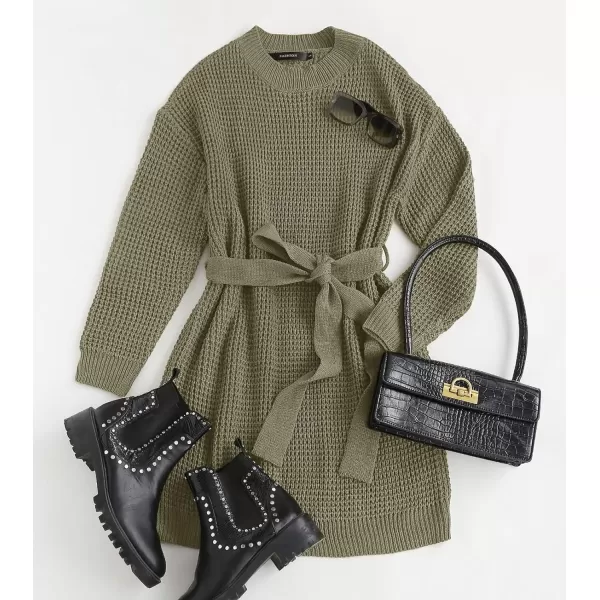 imageZESICA Womens 2023 Fall Long Sleeve Solid Color Waffle Knitted Tie Wasit Tunic Pullover Sweater DressArmy Green
