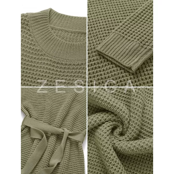 imageZESICA Womens 2023 Fall Long Sleeve Solid Color Waffle Knitted Tie Wasit Tunic Pullover Sweater DressArmy Green
