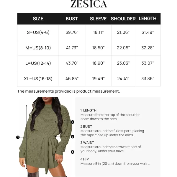 imageZESICA Womens 2023 Fall Long Sleeve Solid Color Waffle Knitted Tie Wasit Tunic Pullover Sweater DressArmy Green