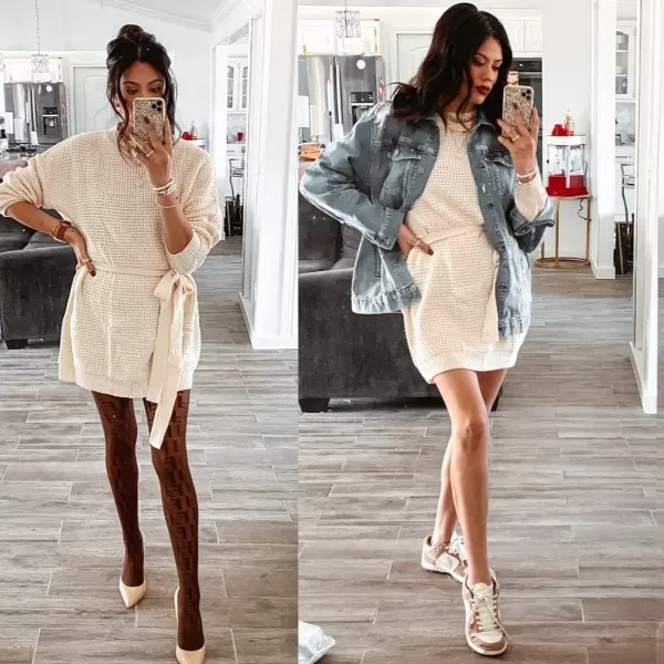 imageZESICA Womens 2023 Fall Long Sleeve Solid Color Waffle Knitted Tie Wasit Tunic Pullover Sweater DressBeige