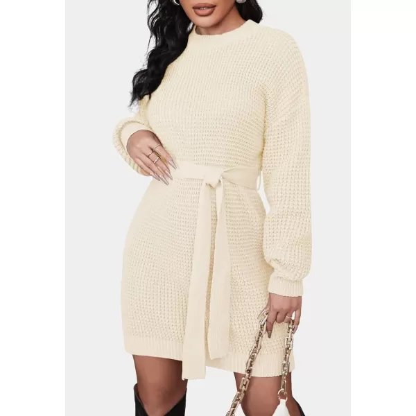 imageZESICA Womens 2023 Fall Long Sleeve Solid Color Waffle Knitted Tie Wasit Tunic Pullover Sweater DressBeige