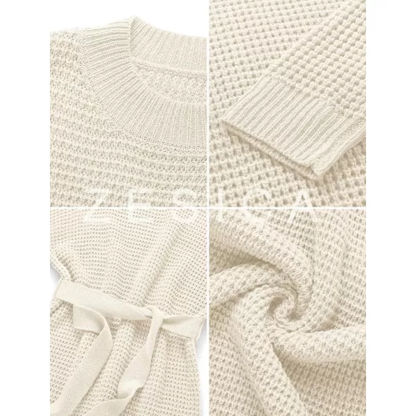 imageZESICA Womens 2023 Fall Long Sleeve Solid Color Waffle Knitted Tie Wasit Tunic Pullover Sweater DressBeige