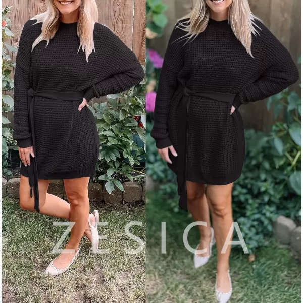 imageZESICA Womens 2023 Fall Long Sleeve Solid Color Waffle Knitted Tie Wasit Tunic Pullover Sweater DressBlack