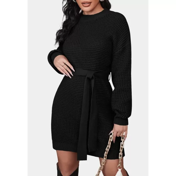 imageZESICA Womens 2023 Fall Long Sleeve Solid Color Waffle Knitted Tie Wasit Tunic Pullover Sweater DressBlack