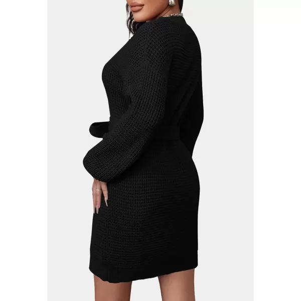 imageZESICA Womens 2023 Fall Long Sleeve Solid Color Waffle Knitted Tie Wasit Tunic Pullover Sweater DressBlack