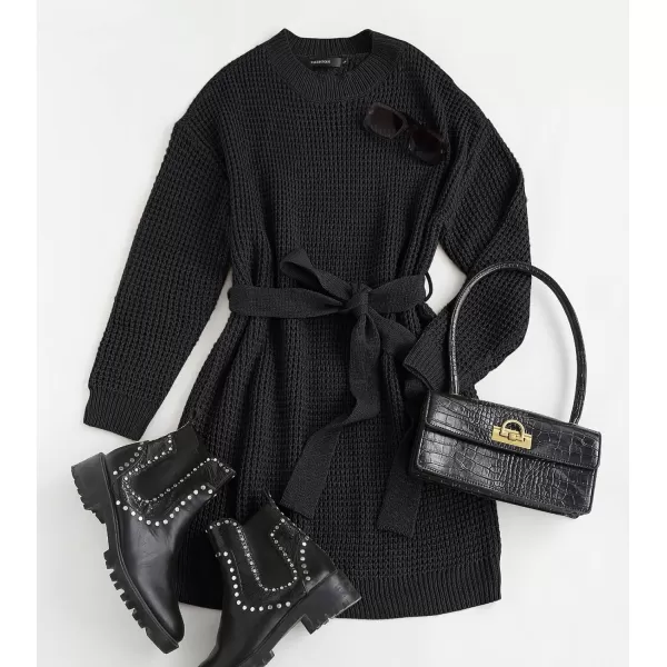 imageZESICA Womens 2023 Fall Long Sleeve Solid Color Waffle Knitted Tie Wasit Tunic Pullover Sweater DressBlack