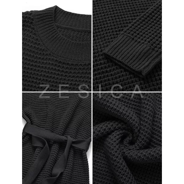 imageZESICA Womens 2023 Fall Long Sleeve Solid Color Waffle Knitted Tie Wasit Tunic Pullover Sweater DressBlack