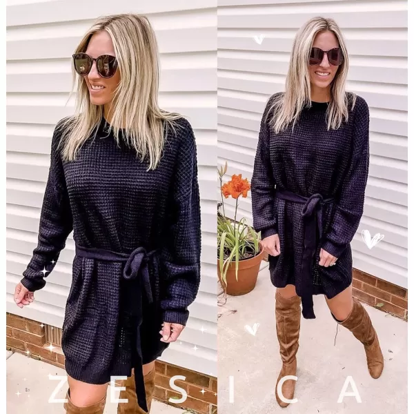 imageZESICA Womens 2023 Fall Long Sleeve Solid Color Waffle Knitted Tie Wasit Tunic Pullover Sweater DressBlack