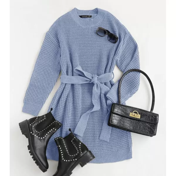 imageZESICA Womens 2023 Fall Long Sleeve Solid Color Waffle Knitted Tie Wasit Tunic Pullover Sweater DressBlue