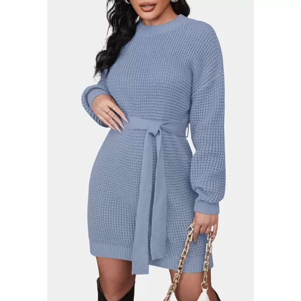 imageZESICA Womens 2023 Fall Long Sleeve Solid Color Waffle Knitted Tie Wasit Tunic Pullover Sweater DressBlue