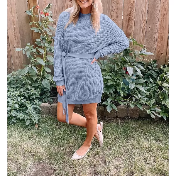 imageZESICA Womens 2023 Fall Long Sleeve Solid Color Waffle Knitted Tie Wasit Tunic Pullover Sweater DressBlue