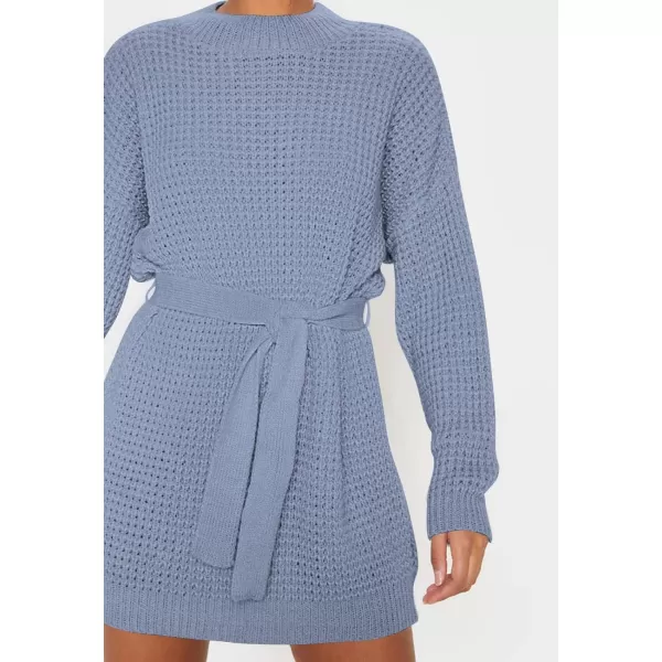 imageZESICA Womens 2023 Fall Long Sleeve Solid Color Waffle Knitted Tie Wasit Tunic Pullover Sweater DressBlue