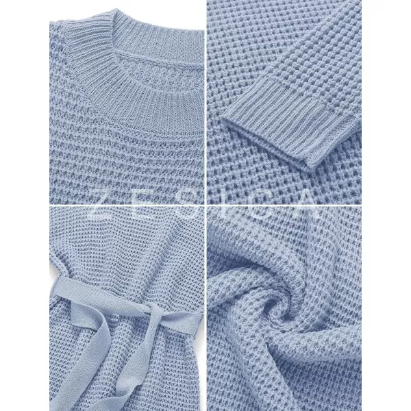 imageZESICA Womens 2023 Fall Long Sleeve Solid Color Waffle Knitted Tie Wasit Tunic Pullover Sweater DressBlue