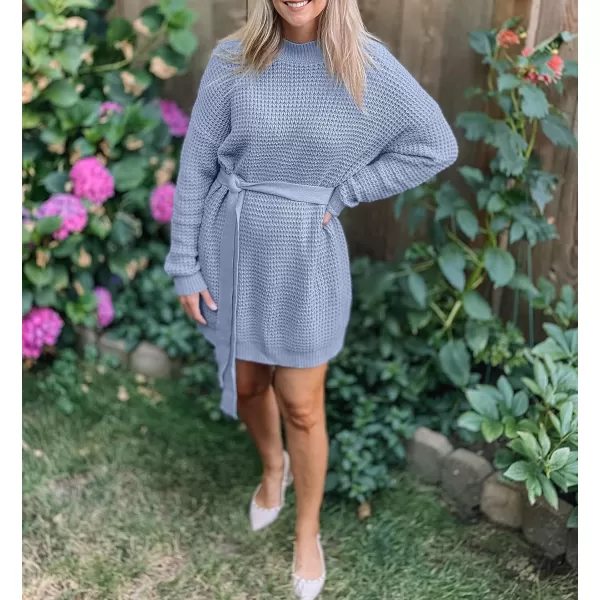 imageZESICA Womens 2023 Fall Long Sleeve Solid Color Waffle Knitted Tie Wasit Tunic Pullover Sweater DressBlue