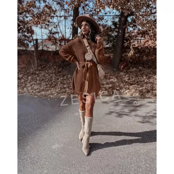 imageZESICA Womens 2023 Fall Long Sleeve Solid Color Waffle Knitted Tie Wasit Tunic Pullover Sweater DressBrown