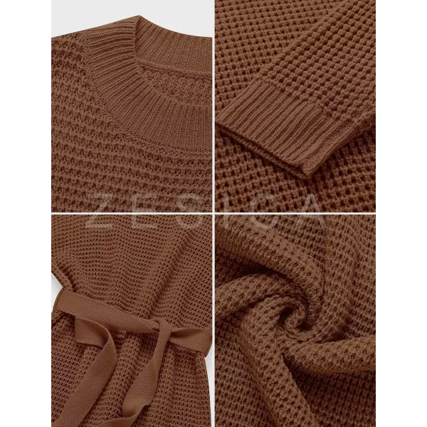imageZESICA Womens 2023 Fall Long Sleeve Solid Color Waffle Knitted Tie Wasit Tunic Pullover Sweater DressBrown