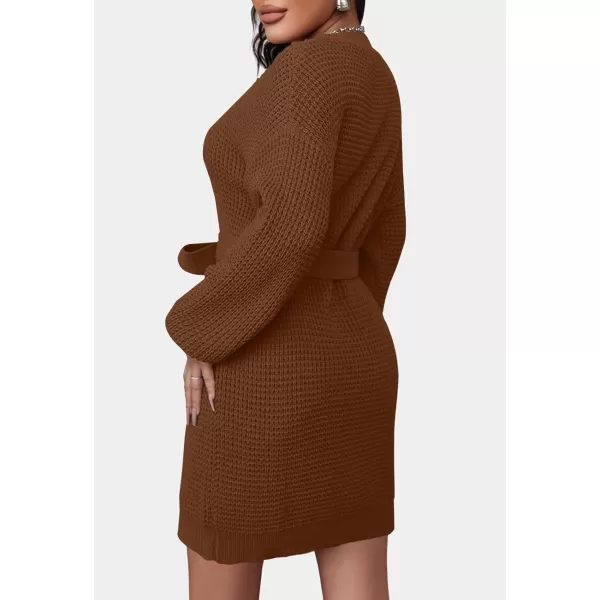 imageZESICA Womens 2023 Fall Long Sleeve Solid Color Waffle Knitted Tie Wasit Tunic Pullover Sweater DressBrown