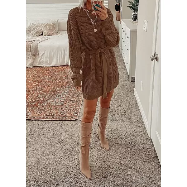 imageZESICA Womens 2023 Fall Long Sleeve Solid Color Waffle Knitted Tie Wasit Tunic Pullover Sweater DressBrown