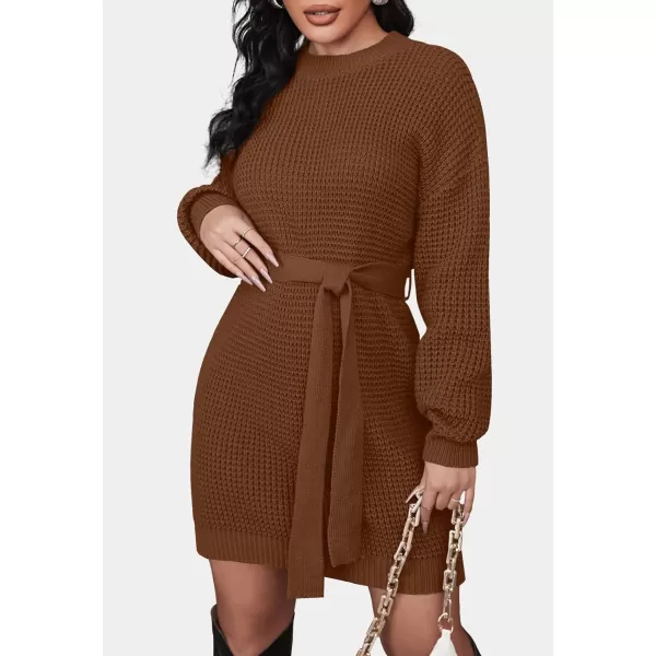 imageZESICA Womens 2023 Fall Long Sleeve Solid Color Waffle Knitted Tie Wasit Tunic Pullover Sweater DressBrown