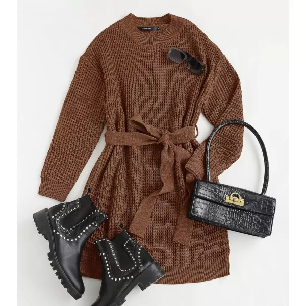 imageZESICA Womens 2023 Fall Long Sleeve Solid Color Waffle Knitted Tie Wasit Tunic Pullover Sweater DressBrown