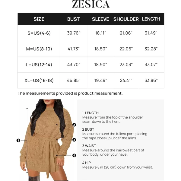 imageZESICA Womens 2023 Fall Long Sleeve Solid Color Waffle Knitted Tie Wasit Tunic Pullover Sweater DressCamel