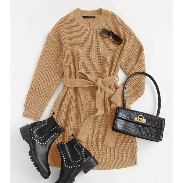 imageZESICA Womens 2023 Fall Long Sleeve Solid Color Waffle Knitted Tie Wasit Tunic Pullover Sweater DressCamel