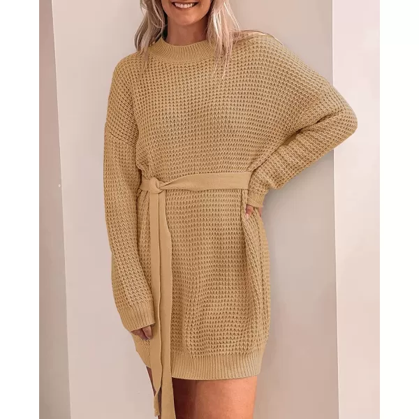 imageZESICA Womens 2023 Fall Long Sleeve Solid Color Waffle Knitted Tie Wasit Tunic Pullover Sweater DressCamel