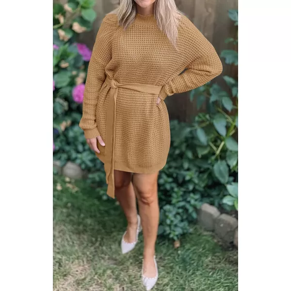 imageZESICA Womens 2023 Fall Long Sleeve Solid Color Waffle Knitted Tie Wasit Tunic Pullover Sweater DressCamel