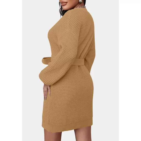 imageZESICA Womens 2023 Fall Long Sleeve Solid Color Waffle Knitted Tie Wasit Tunic Pullover Sweater DressCamel