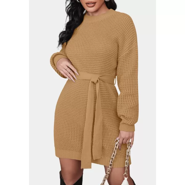 imageZESICA Womens 2023 Fall Long Sleeve Solid Color Waffle Knitted Tie Wasit Tunic Pullover Sweater DressCamel