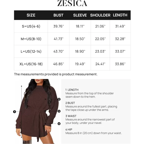 imageZESICA Womens 2023 Fall Long Sleeve Solid Color Waffle Knitted Tie Wasit Tunic Pullover Sweater DressCoffee