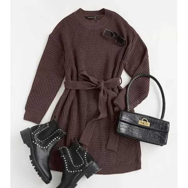 imageZESICA Womens 2023 Fall Long Sleeve Solid Color Waffle Knitted Tie Wasit Tunic Pullover Sweater DressCoffee